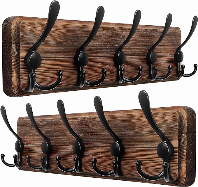 Dseap Coat Rack Wall Mounted - 5 Tri Hooks, Heavy Duty, Wooden Wall Coat Hanger Coat Hook for Clothes Hat Jacket Clothing, Natural & Black, 2 Packs