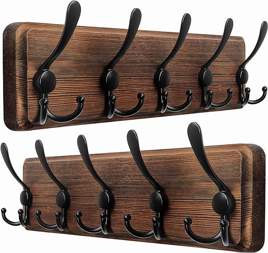 Dseap Coat Rack Wall Mounted - 5 Tri Hooks, Heavy Duty, Wooden Wall Coat Hanger Coat Hook for Clothes Hat Jacket Clothing, Natural & Black, 2 Packs