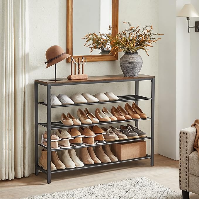 VASAGLE 5 Tier Shoe Rack for Closet, Entryway, 20-25 Pairs of Shoes, Large Shoe Organizer with 4 Metal Mesh Shelves, 11.8 x 47.2 x 36.4 Inches, Rustic Brown and Black ULBS205B01-NeatNest