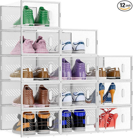 BALEINE 12 Pack Stackable Shoe Storage Boxes Fit Size 11, Thickened Clear Shoe Box Bins with Lids, Plastic Foldable Organizer Sneaker Storage Containers (X-Large, White)-NeatNest