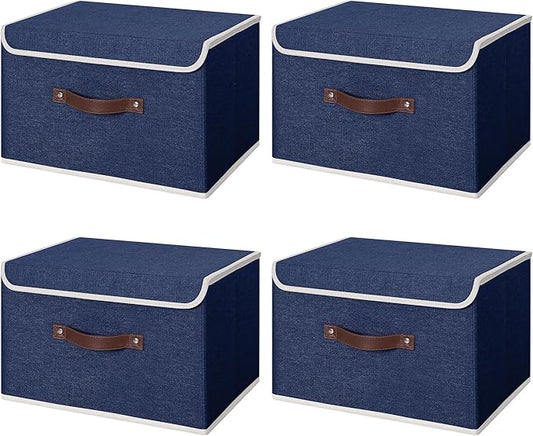 ANMINY 4PCS Storage Bins with Lid PU Leather Handles Storage Boxes PP Plastic Board Decorative Foldable Lidded Cotton Linen Fabric Home Cubes Baskets Closet Organizer Containers - Blue, Large Size-NeatNest