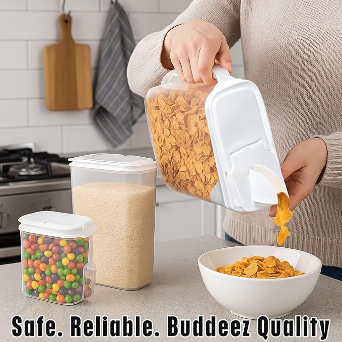 Buddeez Cereal Buddy Food Storage Dispenser - Multi-Size, BPA Free Plastic Containers with EZ Grip Handle, Scoop, and EZ Pour Spout, 8 QT, Set of 3.-NeatNest