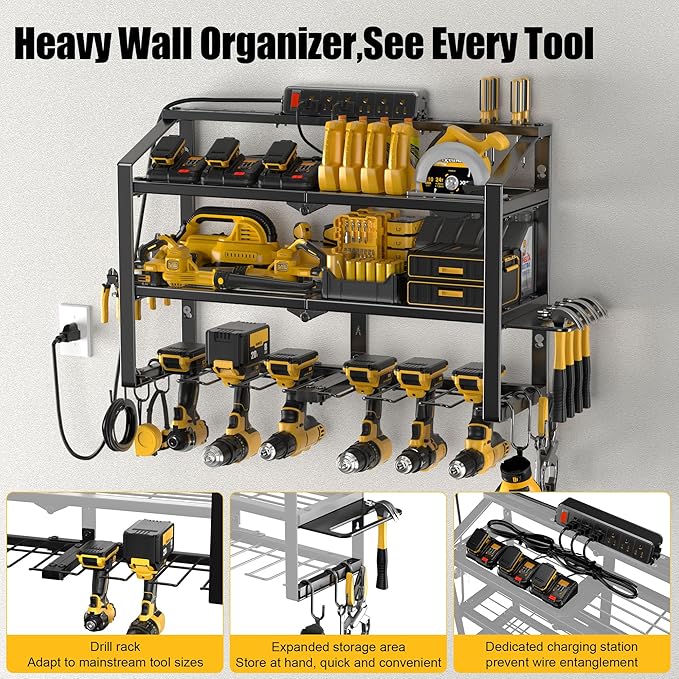 Heavy Duty Power Tool Organizer Wall Mount, 3 Layers Storage Rack with 6 Cordless Drill Holders, Garage Tool Organizer Storage for Workshop Shed, Charging Station Shelf, Father/Men Gifts