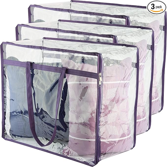 Clear Vinyl Zippered Storage Bags (3-Pack) 40L Sturdy Storage Bags for Sweaters, Blankets, Comforters, Bedding Sets and Much More! (Purple, 18x15x9)-NeatNest