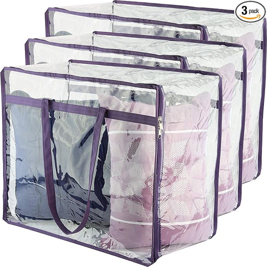 Clear Vinyl Zippered Storage Bags (3-Pack) 40L Sturdy Storage Bags for Sweaters, Blankets, Comforters, Bedding Sets and Much More! (Purple, 18x15x9)-NeatNest