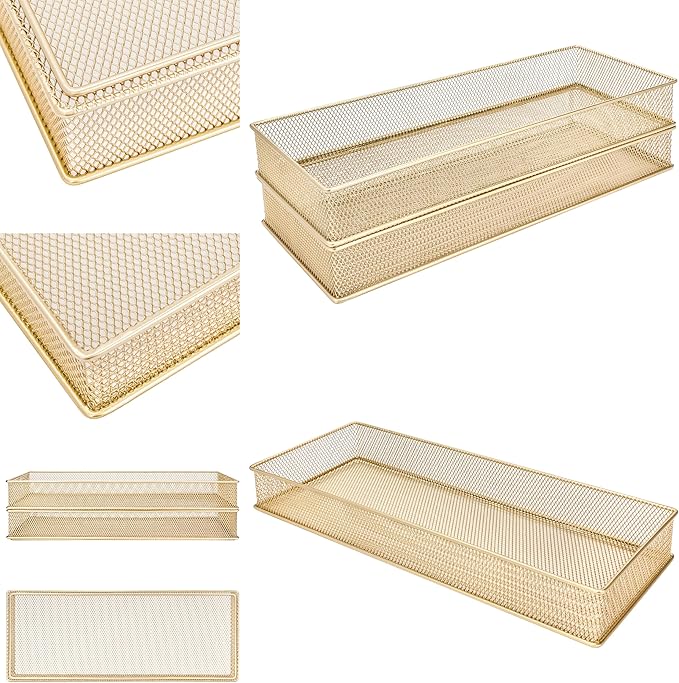 Annova Mesh Stackable Drawer Cabinet and Shelf Organizer Bins Storage Basket School Office Supply Holder Tray- Set of 2 (Gold, 6x15x2 Inch)-NeatNest