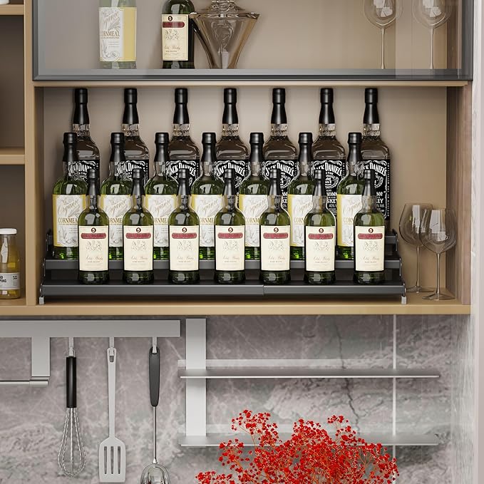 Expandable Spice Rack Storage organizer with 3-Tier step shelf for cabinet,seasoning racks organizion.Great for Kitchen countertop shelves,Pantry and more (1pack/Black)-NeatNest