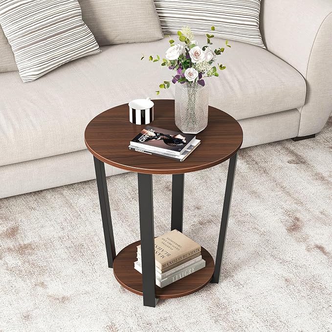 Giantex Round End Table Set of 2, 2-Tier Side Sofa Table with Open Storage Shelf and Metal Frame, Industrial Nightstand Bedside Table for Living Room, Bedroom, Small Space, Accent Furniture, Walnut