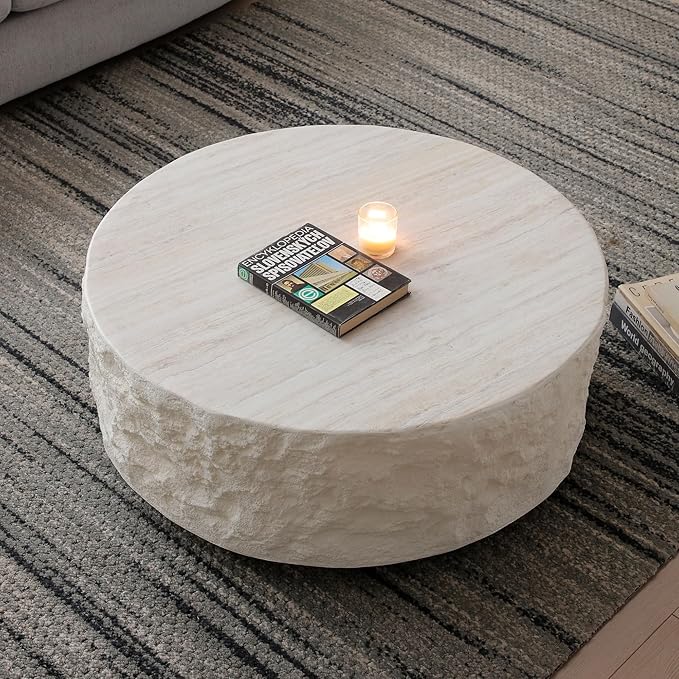 kevinplus ø35.43'' Round Coffee Table for Living Room, Modern Drum Circle Coffee Table, Fiberglass Material, No Assembly, Beige