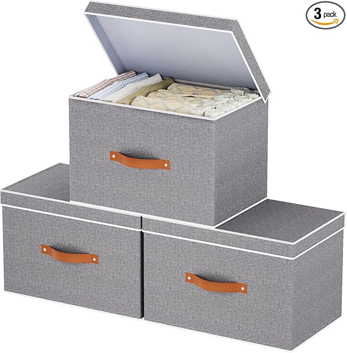 Collapsible Storage Bins with Lids, Linen Foldable Cloth Baskets, 17.7 x 11.8 x 11.8 Inch Closet Organizer Containers with Double Handles, Sweater Boxes for Bedroom, Grey, 3 Pack-NeatNest