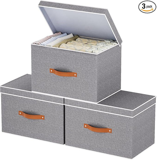 Collapsible Storage Bins with Lids, Linen Foldable Cloth Baskets, 17.7 x 11.8 x 11.8 Inch Closet Organizer Containers with Double Handles, Sweater Boxes for Bedroom, Grey, 3 Pack-NeatNest