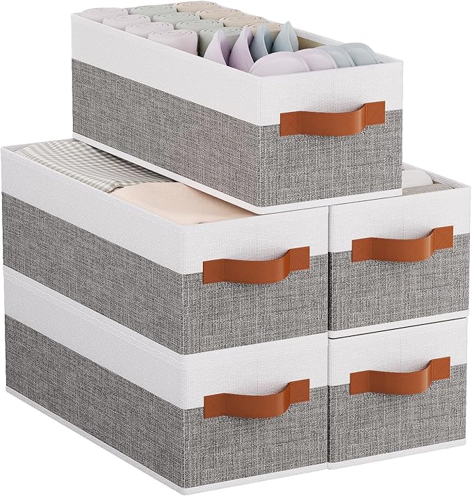 Collapsible Storage Bins 5-Pack, Foldable Baskets for Organizing, Clothes Boxes with Handles, Fabric Cubes Containers, White and Gray, 15 x 6 x 5 Inch-NeatNest