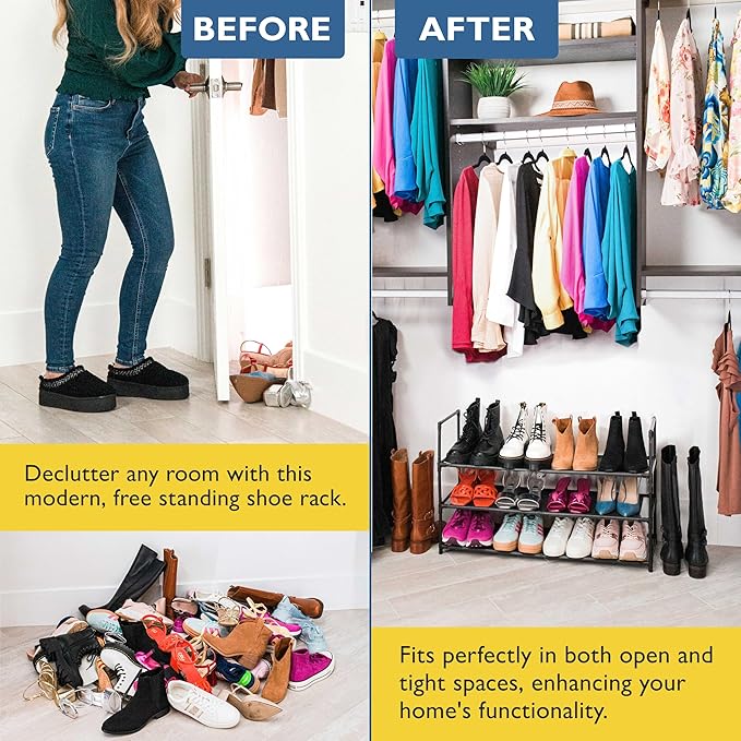 Sundaze Shoe Rack - 3 Tier Shoe Rack for Front Door Entrance, Sturdy Long Shoe Organizer for Closet, Bedroom, Entryway, Garage, Non Woven Fabric Shelf, Black, Holds Up to 15 Pairs-NeatNest