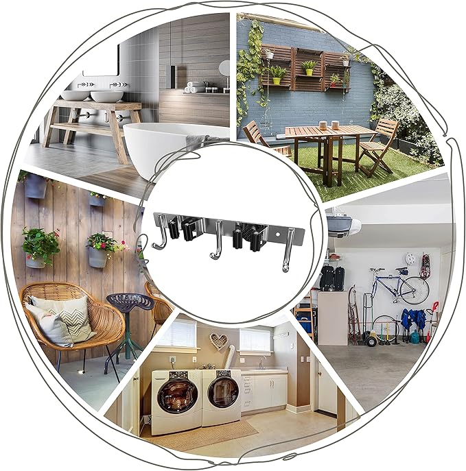 Heavy Duty Broom and Mop Holder Wall Mounted with 2 Rubber Grip Slots & 3 Utility Hooks – SUS304 Stainless Steel, Waterproof, Self Adhesive or Drill Mount, for Garage, Laundry, Kitchen Use, 2 Pcs-NeatNest