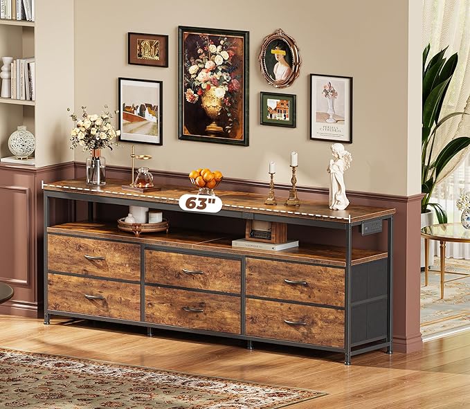 Huuger 63 Inch TV Stand for 55, 65, 70 Inch TV, Long Dresser TV Stand for Bedroom, LED TV Stand with Power Outlets, Rustic Fabric Drawer Dresser with Storage, Entertainment Center for Living Room-NeatNest