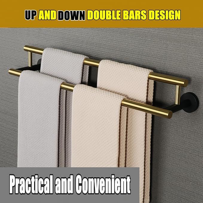 Alise Double Bath Towel Bars,24 Inch Towel Racks for Bathroom,SUS304 Stainless Steel Towel Holder,Towel Holder Wall Mount,Toilet Kitchen Towel Rod,Brushed Gold and Black Finish Towel Rail,GYT6902-GB