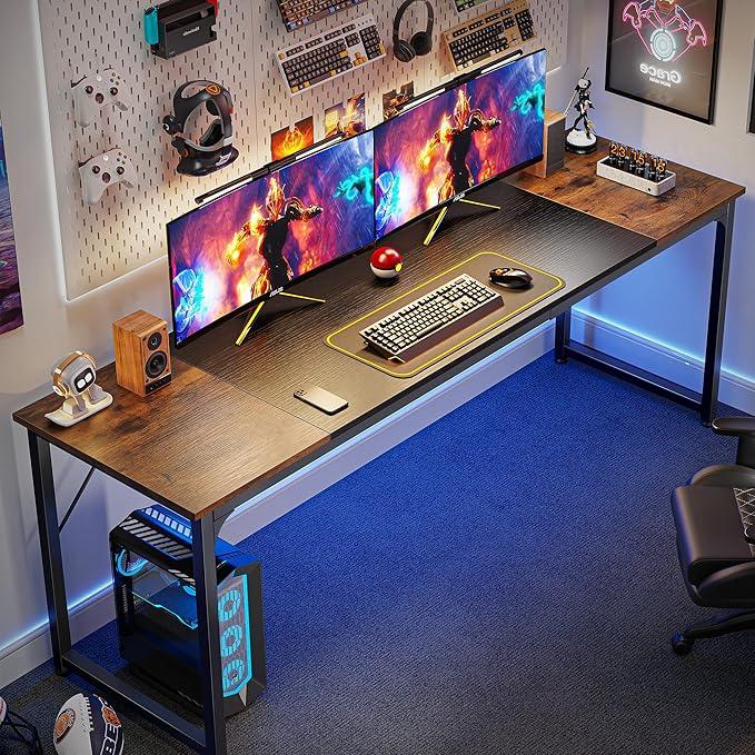 Huuger 78.7 Inch Office Computer Desk with Storage, Writing Work Desk for Home Office, Study, Gaming, Long Simple Desk, Large Legroom, Metal Frame, Rustic Brown and Black-NeatNest