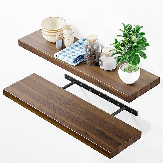 BATODA Set of 2 24" Acacia Floating Shelves for Wall – Rustic Farmhouse Wood Floating Shelf - Book Shelf for Wall & House Décor - DIY Floating Book Shelves - with Brackets & Hardware (Walnut Color)-NeatNest