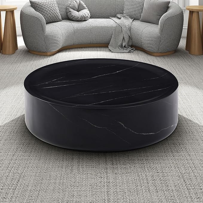 Marble Coffee Table, Modern Round Coffee Table, Circle Drum Coffee Tables, Fiberglass Center End Table for Living Room Apartment Office, No Assembly (31.49" Faux Marble Black)