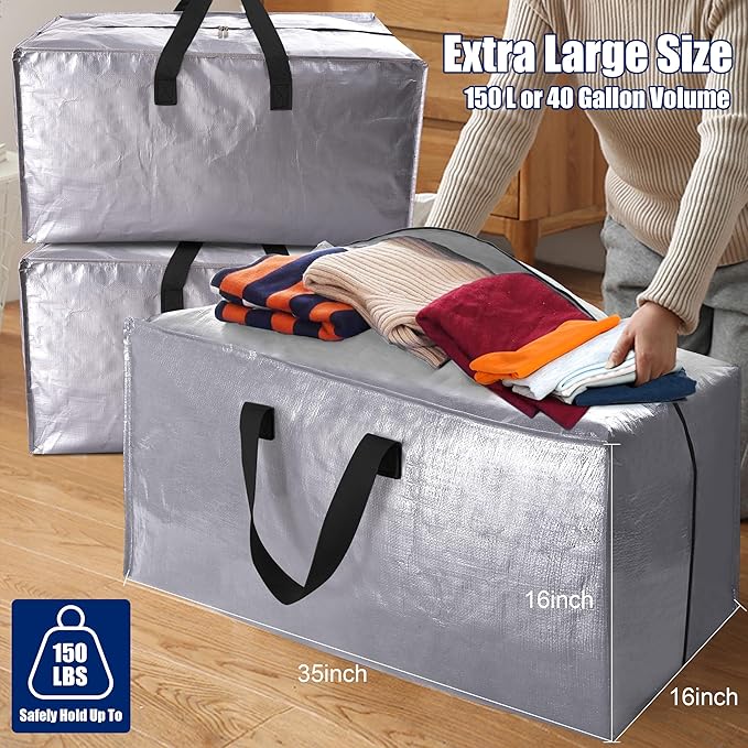 Cosy Family 8 Pack Heavy Duty Extra Large Moving Bags with Backpack Straps - Strong Handles & Zippers, Storage Totes For Space Saving, Fold Flat, Alternative to Moving Box (40 gal, Silver)-NeatNest