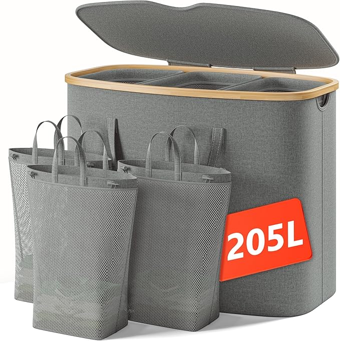 205L Laundry Hamper with Lid 3 Section, Extra Large Laundry Basket with 3 Removable Bags, 54GAL Laundry Basket Organizer for Bedroom, Laundry Room, Dorm,Clothes Hamper,Grey-NeatNest