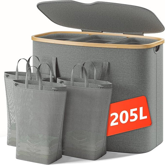205L Laundry Hamper with Lid 3 Section, Extra Large Laundry Basket with 3 Removable Bags, 54GAL Laundry Basket Organizer for Bedroom, Laundry Room, Dorm,Clothes Hamper,Grey-NeatNest