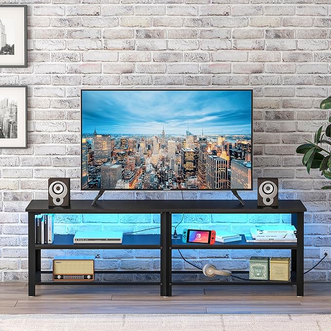 Clikuutory Modern Black 63 inch Metal TV Stand with LED Lights and Power Outlets for 40 50 55 60 65 70 Inch TVs, 3 Tier Television Stands with Entertainment Center and Storage for Living Room, Bedroom-NeatNest