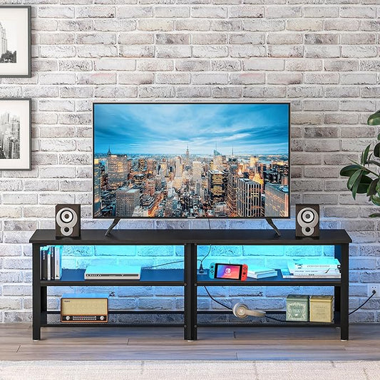 Clikuutory Modern Black 63 inch Metal TV Stand with LED Lights and Power Outlets for 40 50 55 60 65 70 Inch TVs, 3 Tier Television Stands with Entertainment Center and Storage for Living Room, Bedroom-NeatNest