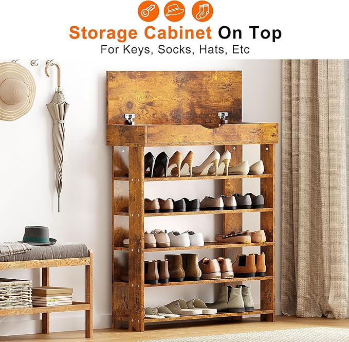 soges 5-Tier Wooden Shoe Rack with Storage Cabinet, 29.5 inches Vertical Free Standing Shoe Shelf, Shoe Organizer Storage Cabinet for Entryway, Living Room, Hallway, Doorway, Rustic Brown-NeatNest