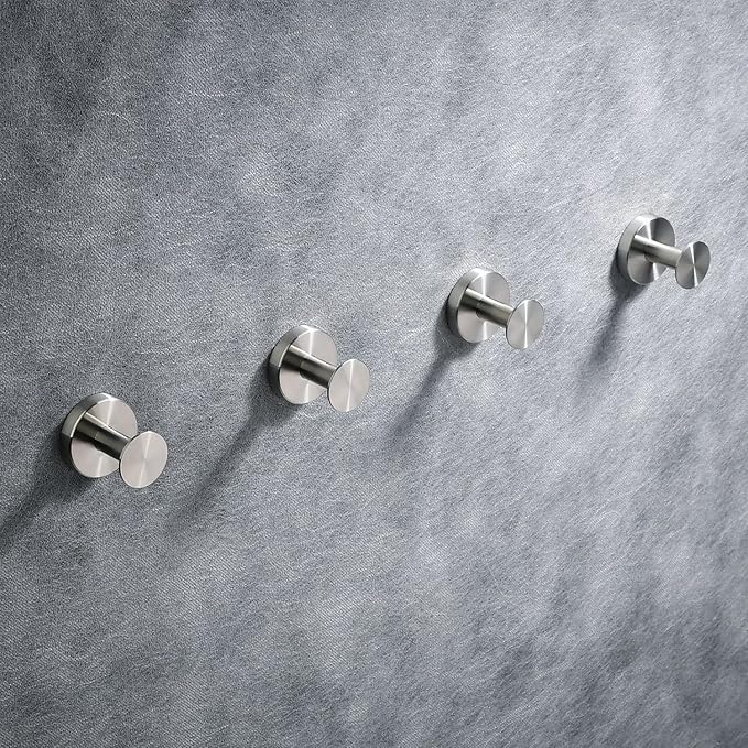 NEWRAIN Towel Hooks, 4 Pack Towel Holder for Bathroom Wall, Cabinet Closet Door, Kitchen, Bedroom, Hotel - Modern Design Effortless Mounting Towel Hangers, Robe Hook Brushed Nickel