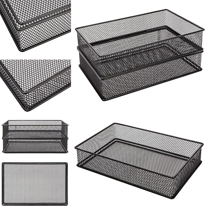 Annova Mesh Stackable Drawer Cabinet and Shelf Organizer Bins Storage Basket School Office Supply Holder Tray- Set of 2 (Black, 6x9x2 Inch)-NeatNest