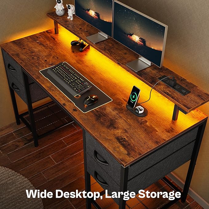 Huuger 55 inch Computer Desk with 4 Drawers, Gaming Desk with LED Lights & Power Outlets, Home Office Desk with Large Storage Space for Bedroom, Work from Home, Rustic Brown-NeatNest
