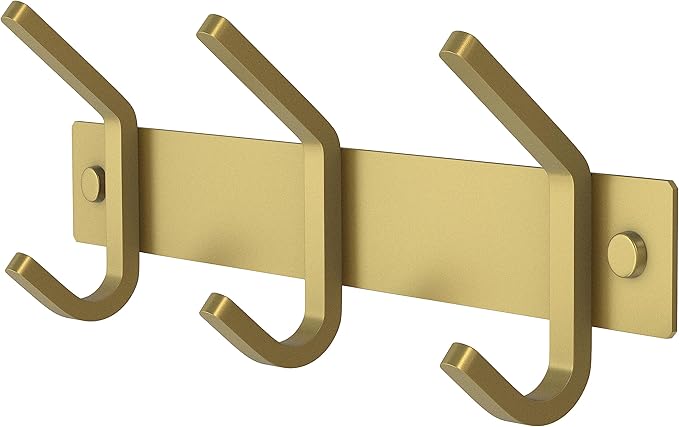 Brushed Gold Small Coat Rack Wall Mount – 9 Inch Stainless Steel Rail with 3 Double Coat Hooks for Entryway, Bathroom, Bedroom, Kitchen – Modern Gold Hook Rack for Coats, Hats, Towels-NeatNest