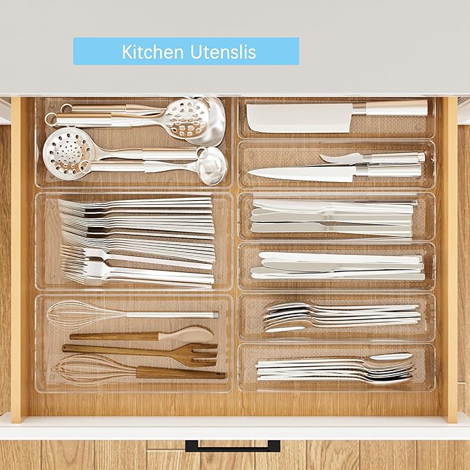 ihomecooker 3 Pack Clear Plastic Drawer Organizer Tray Cutlery Utensil Makeups Drawer Silverware Organizers 12" X 6"&12＂X3＂(9Pack)-NeatNest