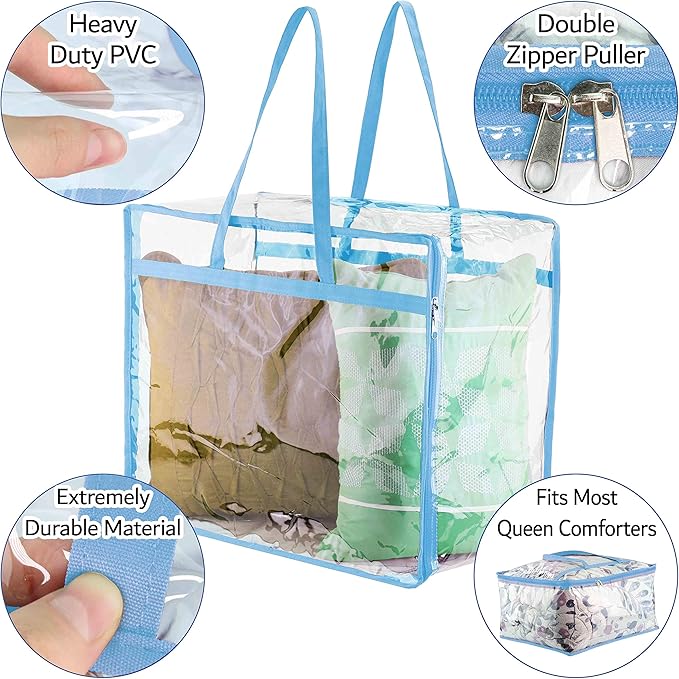 Clear Vinyl Zippered Storage Bags (3-Pack) 40L Sturdy Storage Bags for Sweaters, Blankets, Comforters, Bedding Sets and Much More! (Light Blue, 18x15x9)-NeatNest