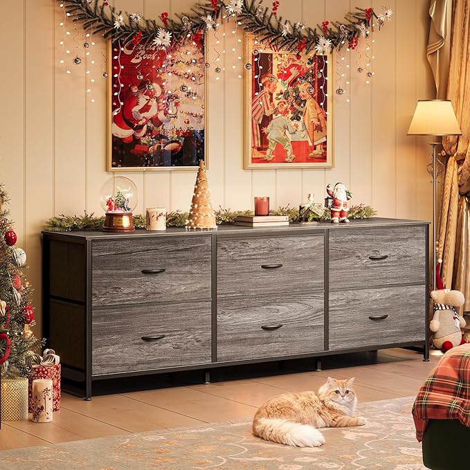 Huuger 63 Inch Long Dresser for Bedroom, Wide TV Stand for 55, 65, 70 Inch TV, 6 Drawer Dresser for Closet with Fabric Drawers, Storage Organizer for Bedroom, Entryway, Grey-NeatNest