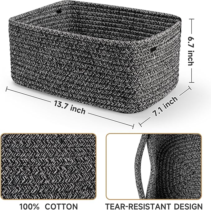 3-Pack Storage Baskets for Organizing | Woven Shelf Toy Basket | Rope Baskets for Gifts Empty | Closet Organizer Bins with Handles | Cube Decorative Box | 13.7×7.1×6.7” | Mixed Black-NeatNest