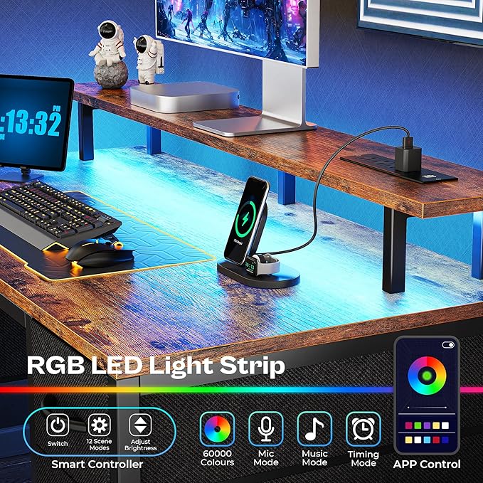 Huuger 55 inch Computer Desk with 4 Drawers, Gaming Desk with LED Lights & Power Outlets, Home Office Desk with Large Storage Space for Bedroom, Work from Home, Rustic Brown-NeatNest