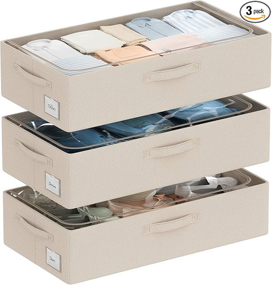 3Pcs Under Bed Storage Bins with Metal Frame - Shoe Organizer for Closet with Clear Cover Oxford Fabric Sturdy Underbed Container Foldable Stackable Clothes Organizer (Beige, 23.5x11.8x6.3)-NeatNest