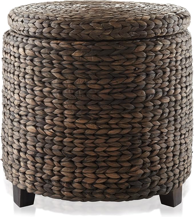 Casafield 17" Round Storage Ottoman with Lid - Espresso, Handwoven Water Hyacinth Footstool for Living Room, Bedroom, Bathroom, Home Office-NeatNest