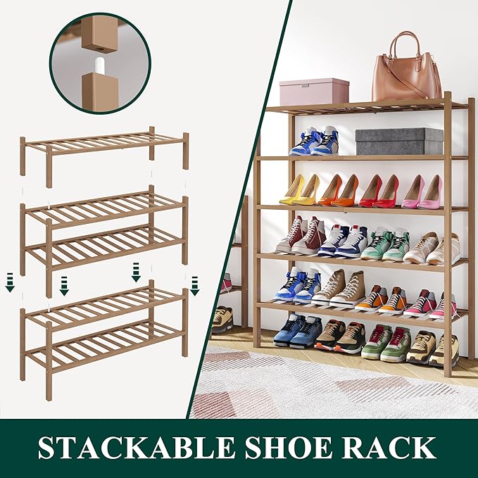 Smiry Shoe Rack, 3 Tier Thick Bamboo Shoe Organizer, Stackable Free Standing Wooden Shoe Storage Shelf for Closet, Entryway, Front Door Entrance, Walnut-NeatNest