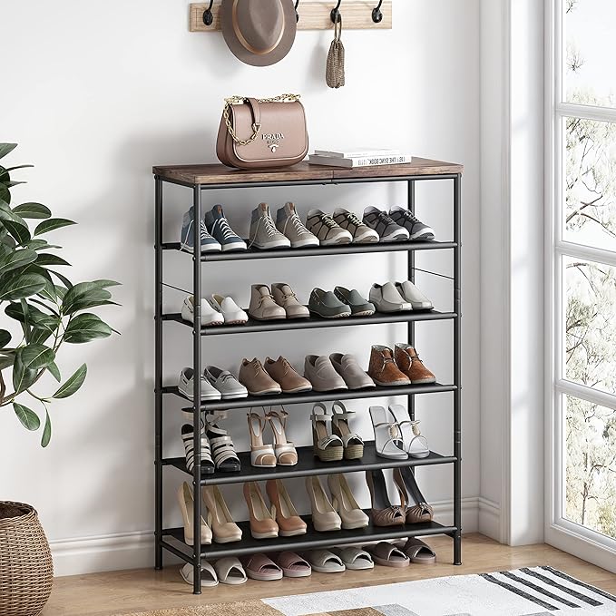 Shoe Rack Organizer 5 Tier Metal Organizer Shelf with Industrial MDF Board and Layer Fabric for Entryway Closet Bedroom Living Room Garage,Black & Rustic Brown (Black+Rustic Brown, 6 Tier)-NeatNest
