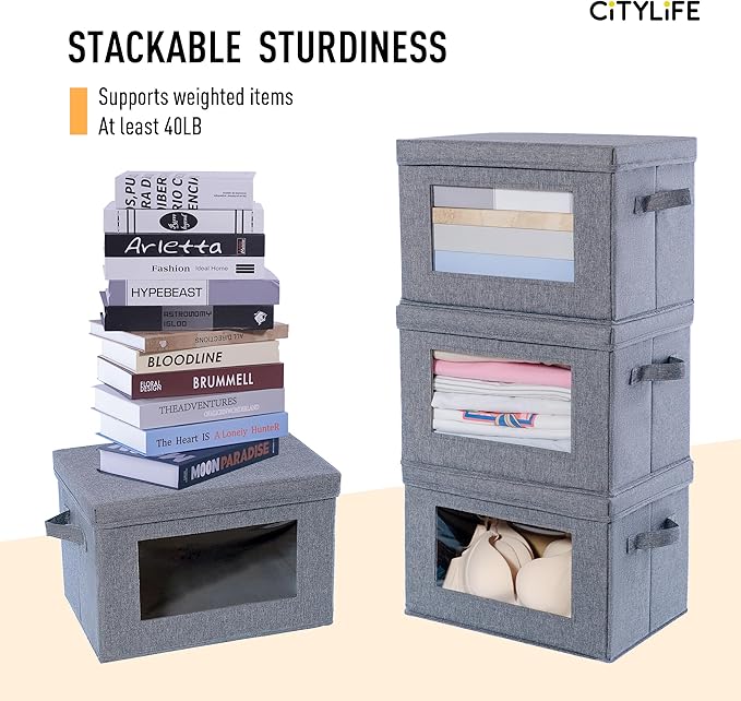 Citylife 3-Pack Collapsible Storage Bins with Lids, Linen Fabric Foldable Storage Boxes, Cube Closet Organization for Clothes, Blankets and Books, Gray-NeatNest