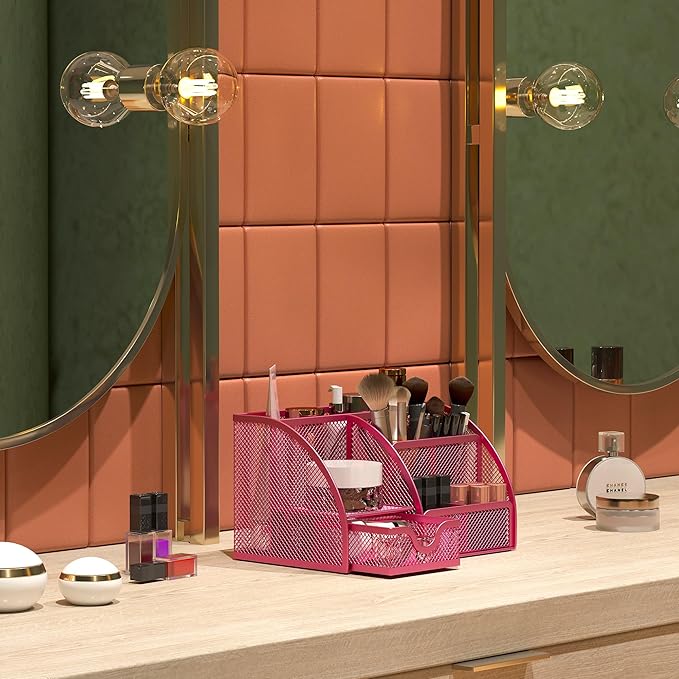 EasyPAG Mesh Desk Organizer, Multi-functional Stationery Organizer for School Supplies, Office Pen Holder for Desk, 6 Compartments Dorm Organization with Drawer, Pink