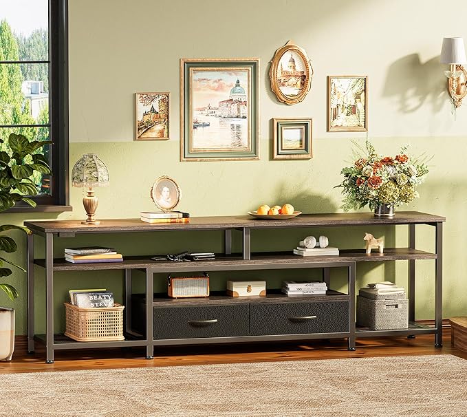 Huuger TV Stand for 65 70 Inch TV, Entertainment Center with Power Outlets and LED Lights, TV Console for Living Room, Media Console with Drawers and Shelves, Black-NeatNest