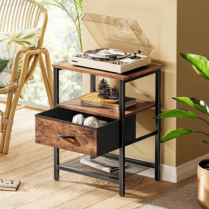 Huuger Night Stand with Fabric Drawer, Side Table with Mesh Shelf, Bedroom Nightstand, Fabric Drawer Dresser, Open Shelf, Metal Frame, Couch Side, Rustic Brown