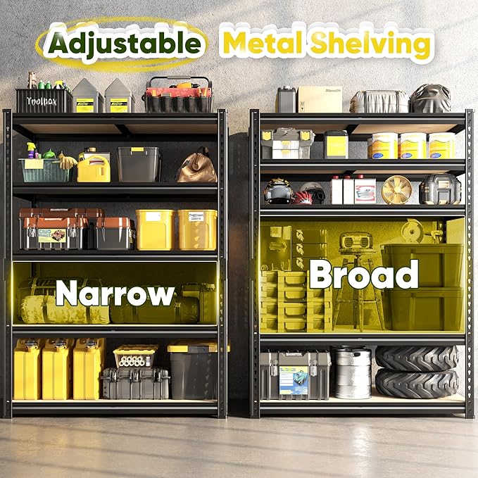 72" H Garage Shelving, 5 Tier Storage Shelves Load 2500 lbs, Adjustable Garage Shelves, Metal Shelving Unit for Warehouse, Basement, Pantry, 40" Wx 16" D x 72" H, Black-NeatNest