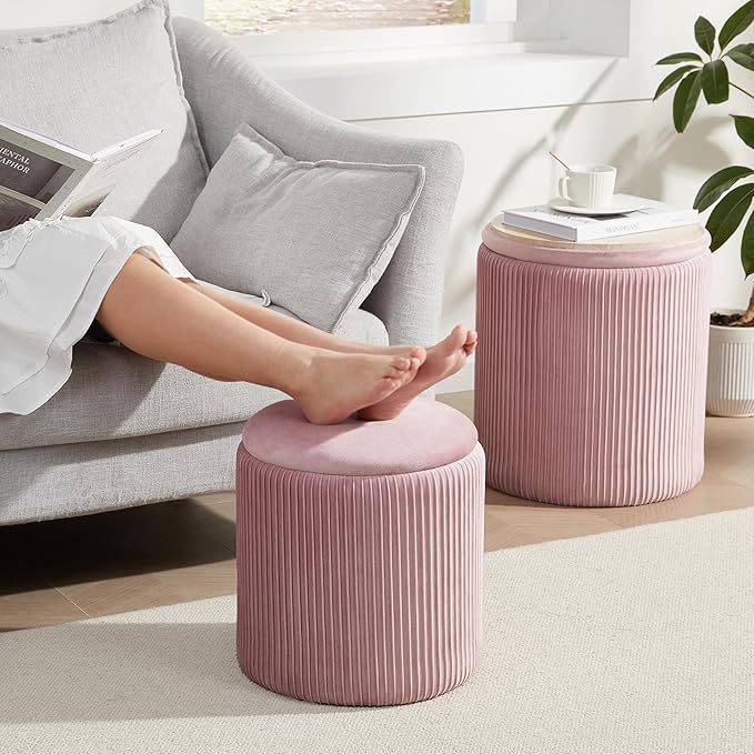 Round Ottoman with Storage Set of 2,Vanity Stool with Storage for Bedroom, Ottoman Coffee Table,Small Velvet Foot Stool for Living Room, Pink