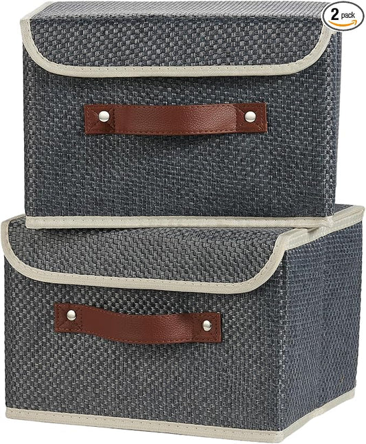 2PCS Storage Bins with Lid Fabric Storage Box Basket PU Leather Handle Textured Woven Cotton Linen Decorative Foldable Washable Shelf Closet Organizer Container (Flip-top Lid, Gray, Small)-NeatNest