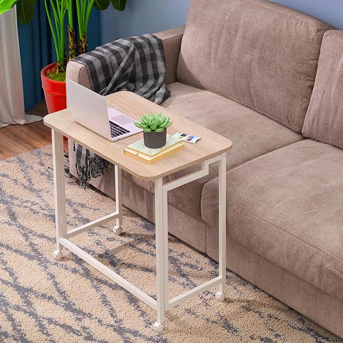 4NM 23.6" Mobile Small Rolling Computer Desk, Folding Laptop Cart Table with Wheels, Portable Office Desk for Small Space Couch Bed - Natural and White